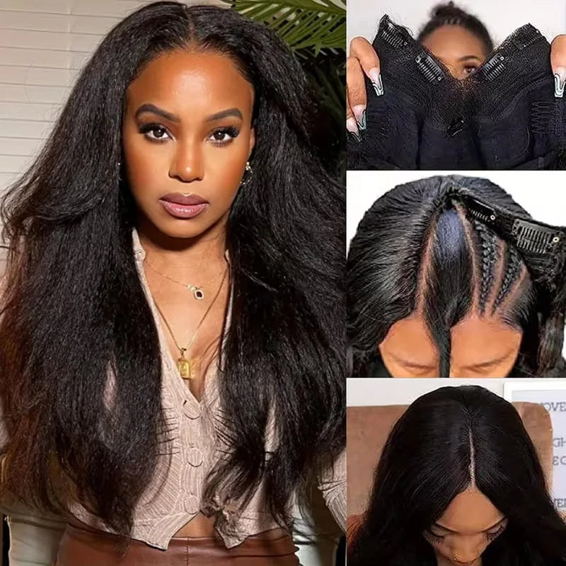 FRIZIRA kinky Straight V Part Brazilian Virgin Human Hair Wigs Glueless Upgrade U Part Wig Glueless V Shape Wig Natural Black