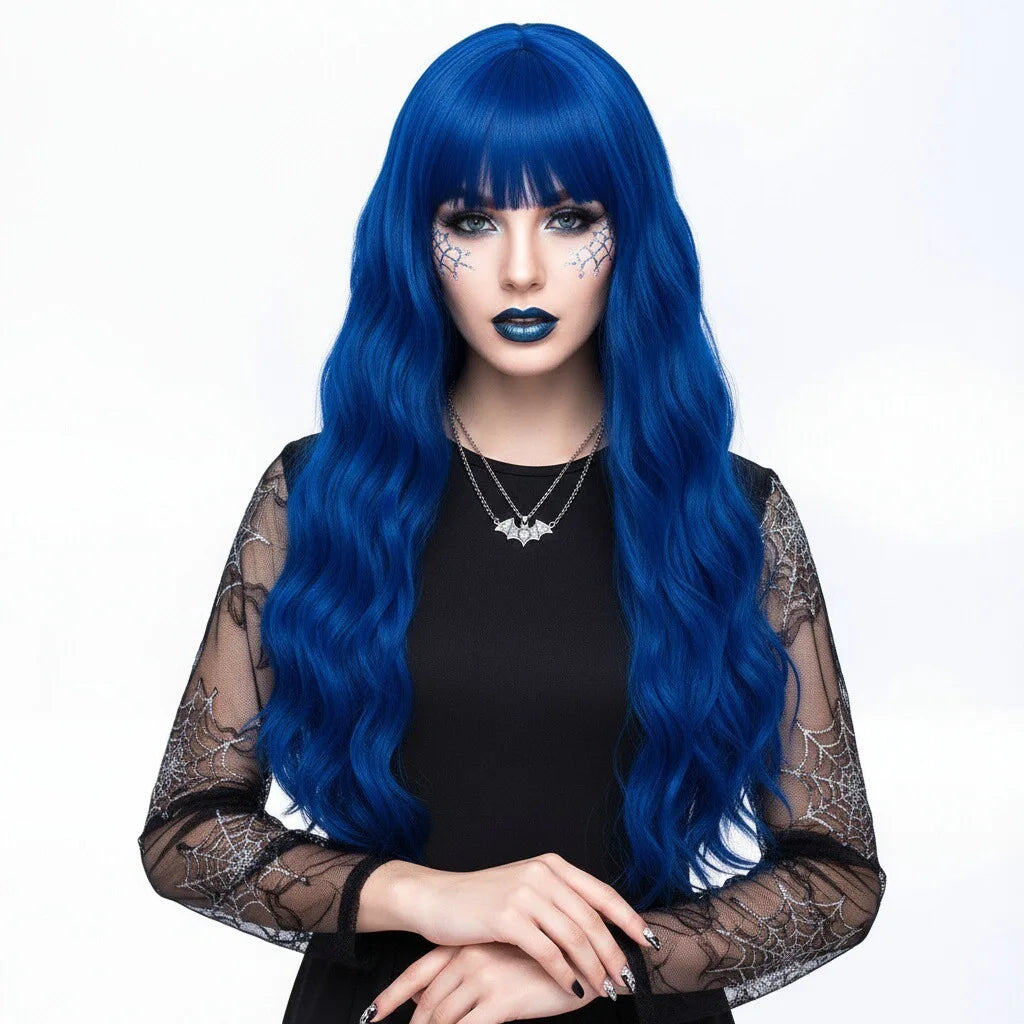 MSIWIGS Women Long Wavy Lolita Blue Wig Synthetic Cosplay with Bangs For Holloween Party Anime Heat Resistant