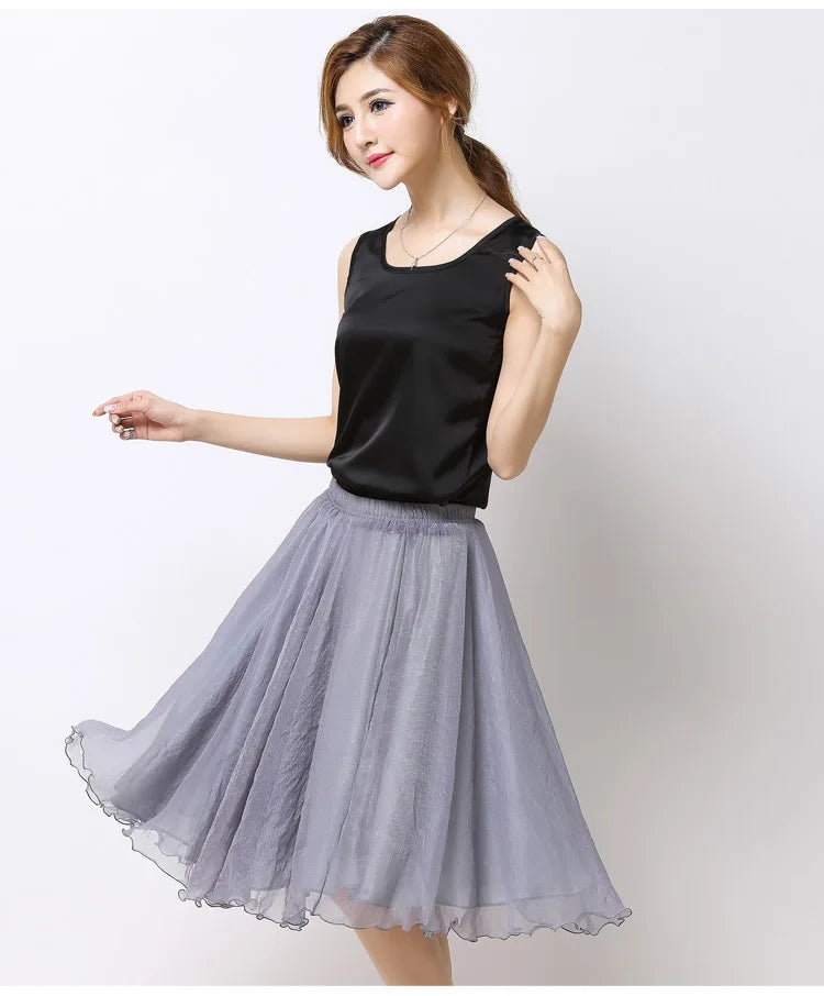 Summer Women Silk Tutu Skirts Chiffon Pleated Dance Beach Wedding Party Skirt Black White Elastic High Waist Midi Skirts