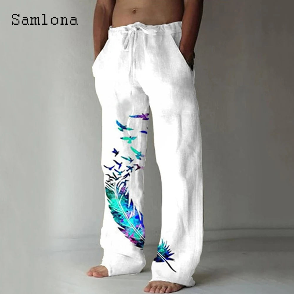 Samlona 2025 Men's Pocket Design Linen Pants Drawstring Loose Trouser Plus Size 3xl Mens Fashion Birds Feather Print Sweatpants