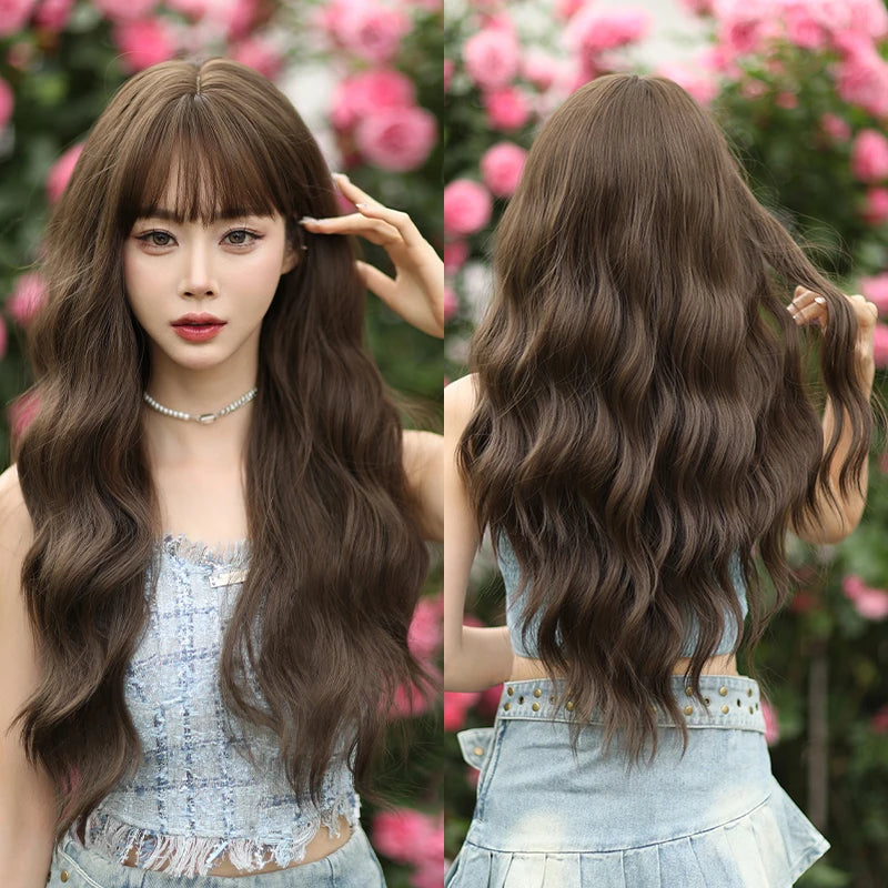 7JHH WIGS Body Wavy Wig Long Loose Curly Brown Wig for Women Daily Use High Density Synthetic Layered Hair Wigs with Bangs