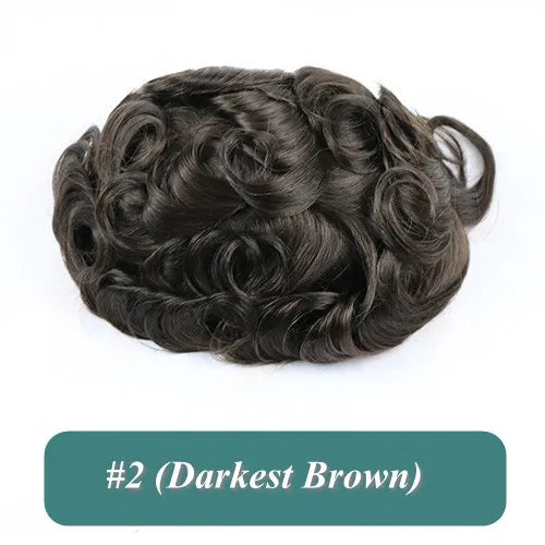 Durable Natural Hairline Human Hair Men's Toupee 26mm Curly Managable Skin Base #1 Jet Black Brown Hair Capillary Prosthesis