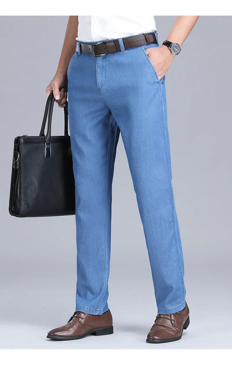 2024 New Men's Thin Lyocell Fabric Loose Jeans Light Blue Business Fashion Stretch Denim Trousers Male Clothing Brand Pants