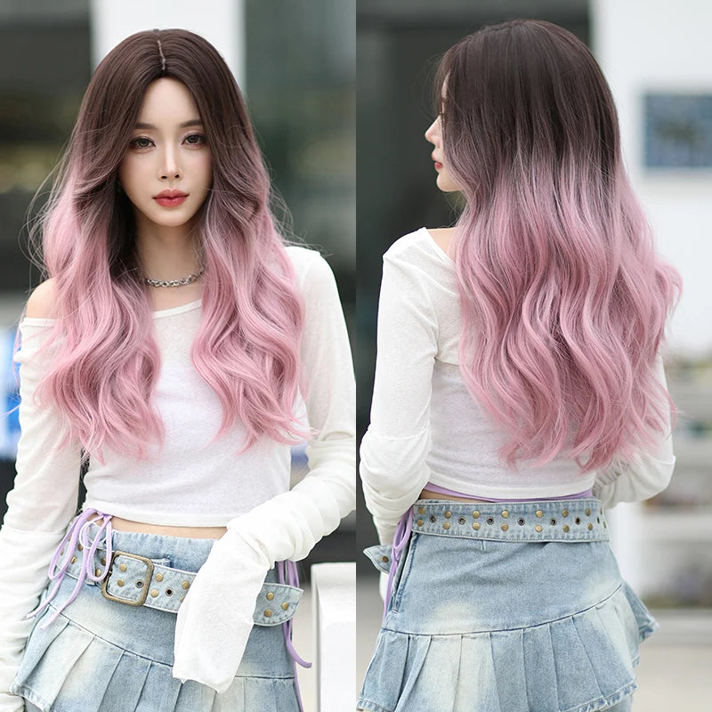 7JHH WIGS Body Wavy Wig Long Loose Curly Brown Wig for Women Daily Use High Density Synthetic Layered Hair Wigs with Bangs