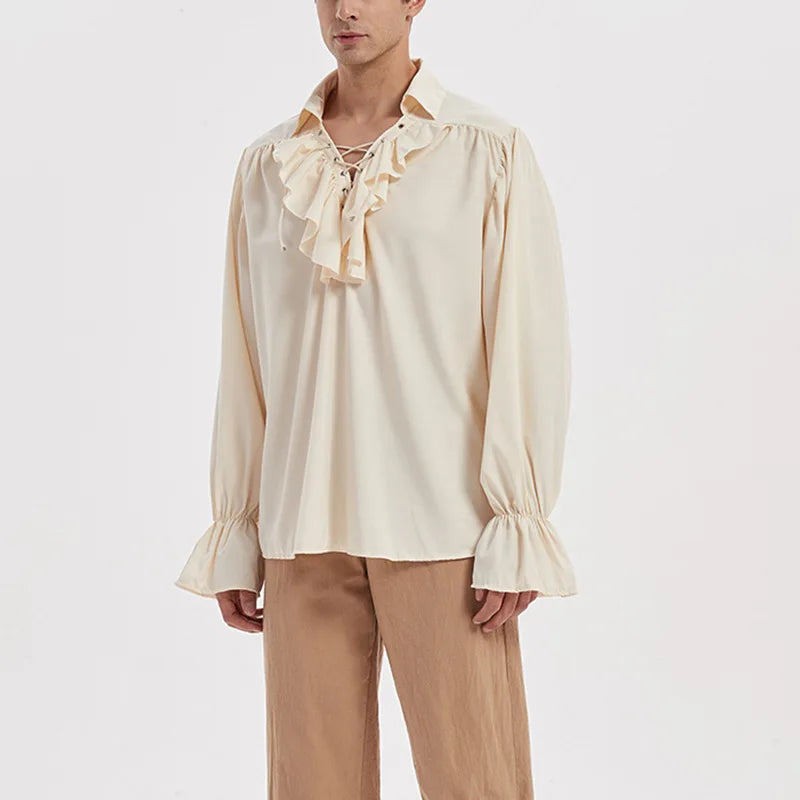 Mens Renaissance Costume Ruffled Long Sleeve Lace UP Medieval Steampunk Pirate Shirt Cosplay Prince Drama Stage Costume Tops