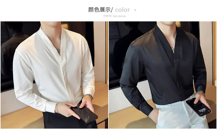 High Quality Collarless Shirts Men Fashion Slim Fit Long Sleeve Casual Shirts Business Office Social Formal Shirt Men Clothig