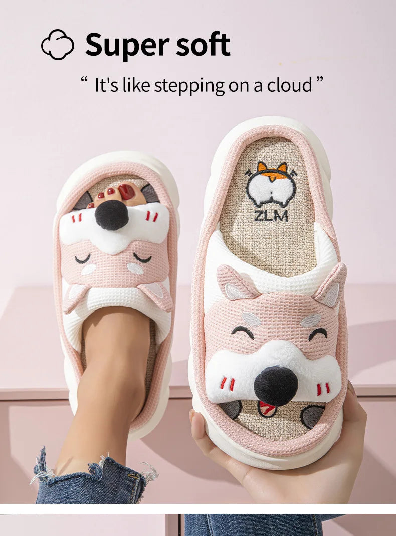 Gacimy Women's Cartoon Linen Slippers Comfortable Soft Thick Sole Indoor House Slippers Summer New Breathable Cute Linen Slides
