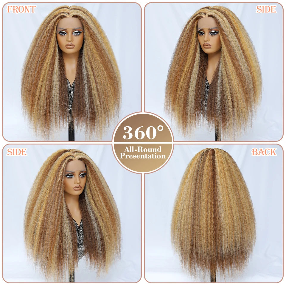 Kinky Straight Lace Front Wig T-Part 28Inch Synthetic 13x5x1 Long Lace Wigs Afro Yaki Straight Wigs Ombre Brown For Black Women