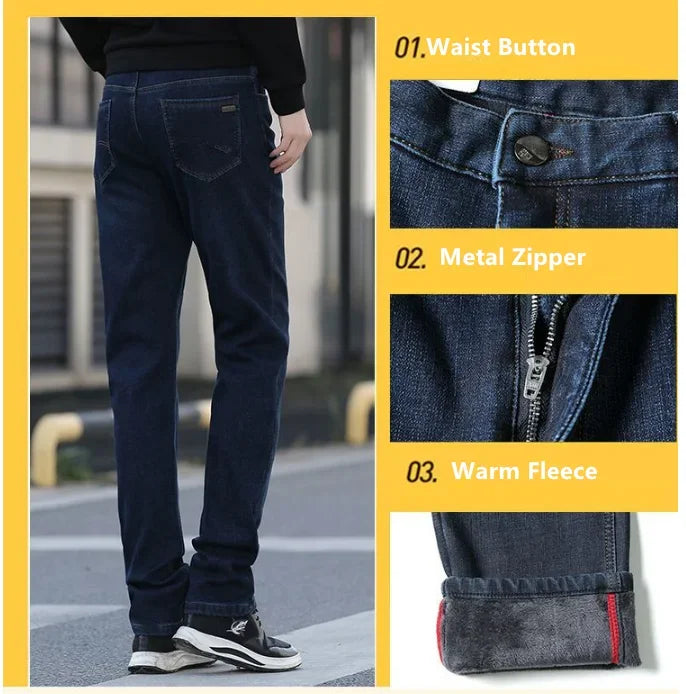 Tall Man Fleece Jeans 117CM Extra Long Stretched Plus Size 42 44 Fit Trousers Warm Autumn Winter High Waist Denim Pants Trousers