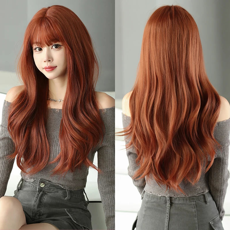 7JHH WIGS Body Wavy Wig Long Loose Curly Brown Wig for Women Daily Use High Density Synthetic Layered Hair Wigs with Bangs