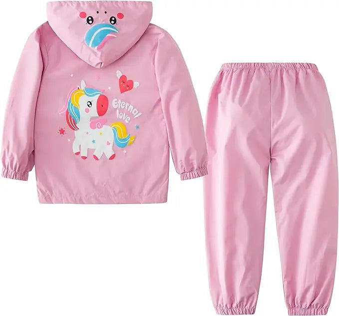 Spring Unicorn Waterproof Clothes Long Sleeve Boy Girls Outfits Hoodie Coat+Pants Sets Raincoat Children Clothing 2 4 6 Years