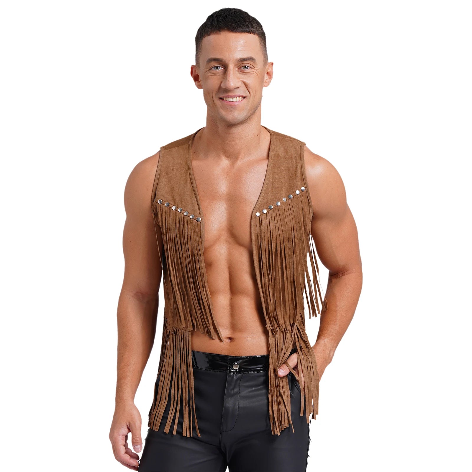 Mens Faux Suede Tassel Vest Coat Punk Western Cowboy Costume Fashion Rivets Fringe Waistcoat Open Front Sleeveless Jacket Tops