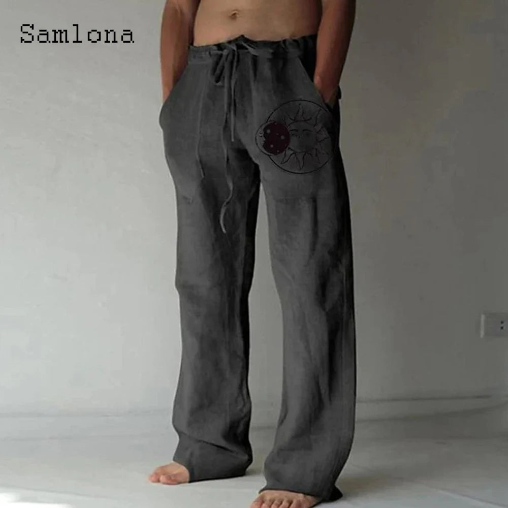 Samlona 2025 Men's Pocket Design Linen Pants Drawstring Loose Trouser Plus Size 3xl Mens Fashion Birds Feather Print Sweatpants