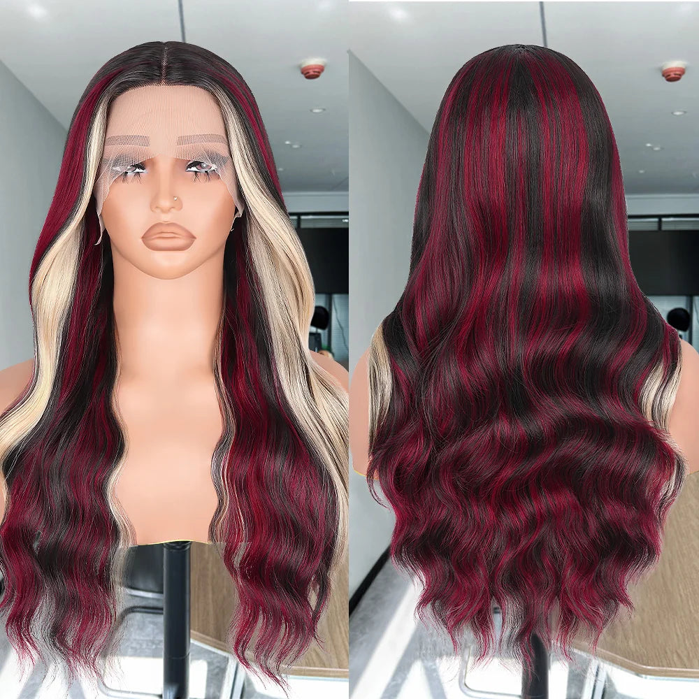 Black With Red Highlight Wig Synthetic Lace Front Wig 13X4 Pre plucked Hairline With BabyHairWomen's Wig with Density Lace Front