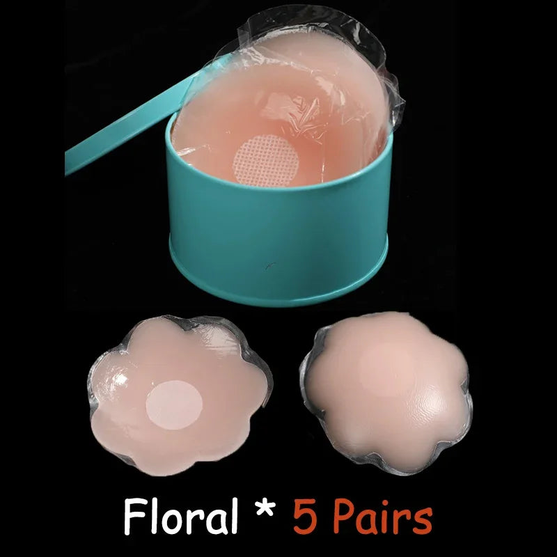 FINETOO 5/6 Pairs Breast Lift Up Tape Sexy Floral Nipple Cover Silicone Invisible Adhesive Stickers Reusable Paste Intimates