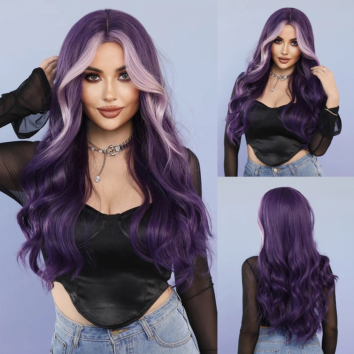 NAMM Highlight Skunk Wig Body Wave Synthetic Blue Wig for Women Daily Party Use Highlight Ash Wavy Wigs With Medium Wigs