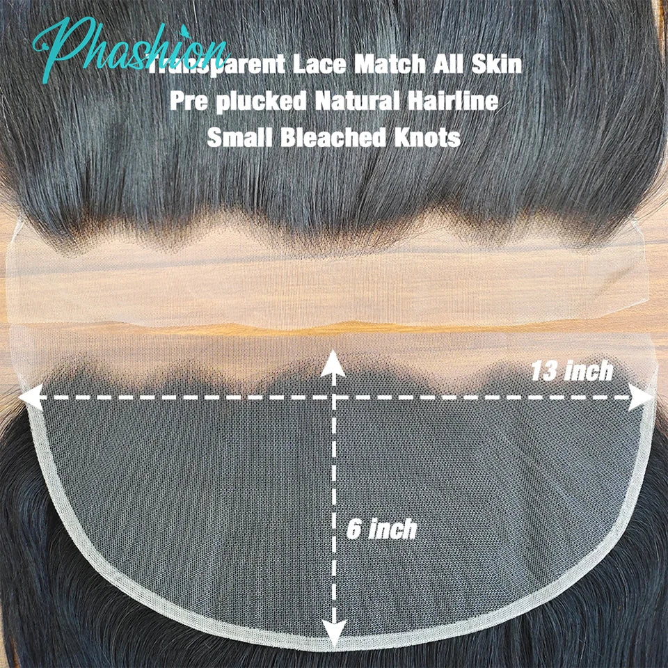Phashion 26 28 30 Inch 13x6 Lace Frontal only Straight Pre Plucked Swiss Transparent Full Front Body Wave 100% Remy Human Hair