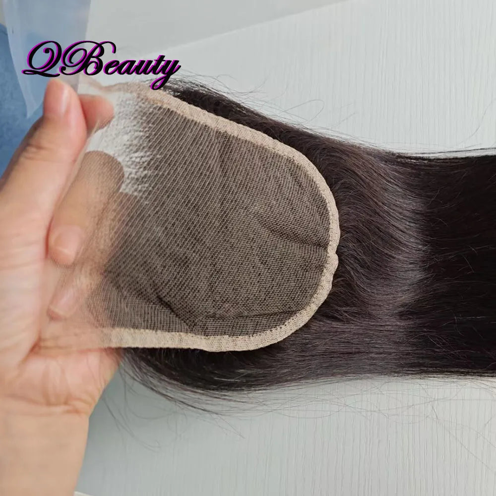 4x4 Lace Closure 100% Human Hair Pre-plucked Transparent Lace Free Part 22 inch Color 1B Black Straight Soft Indian Hair QBeauty