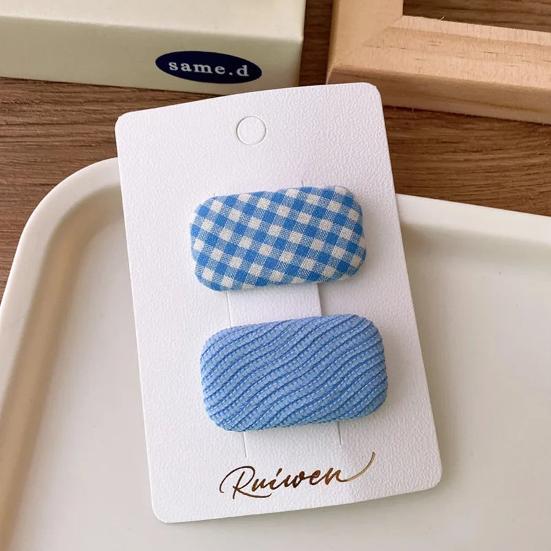 2Pcs/Set Kawaii Girls Sweet Hair Clips Fabric Plaid Cotton Hairpins for Baby Hair Square Shape Women Bangs Barrettes Headwear