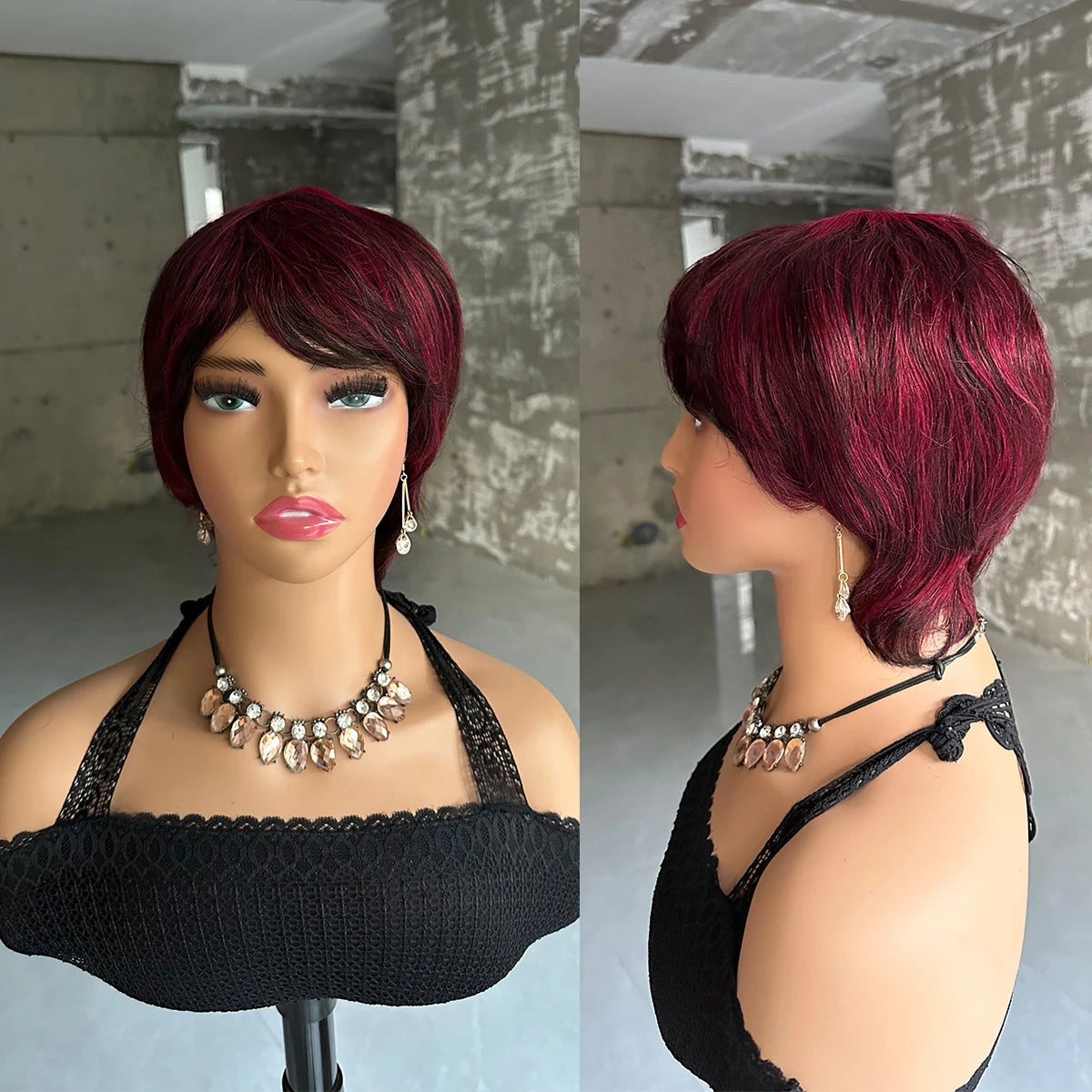 Straight Short Pixie Cut Wigs With Bangs For Women Ombre Brown Red Brazilian Human Hair Wigs Full Machine Made Wigs
