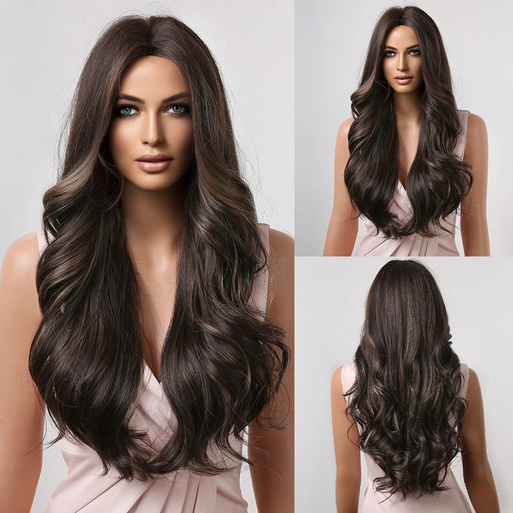 ALAN EATON Long Wave Dark Brown Synthetic Wigs for Black Women Middle Parted Wigs with Highlights Cosplay Hair Heat Resistant