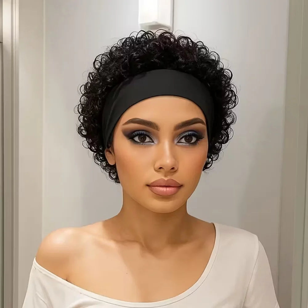 Short Pixie Cut Human Hair Headband Wig Curly Waves For Women Natural Look Wig Full Machine Made Wig