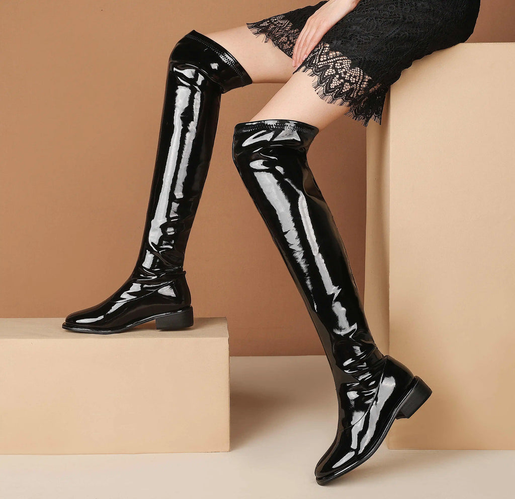 Krazing Pot Large Size 43 44 45 Microfiber Round Toe Chunky Med Heel Stretch Boots Winter Shoe Brand Fashion Over-the-knee Boots