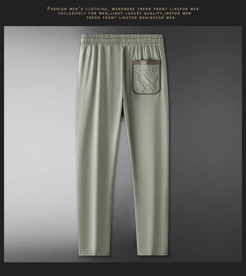 High end brand men's fashionable embroidered casual pants 2024 summer new cool silk breathable luxury solid color sports pants
