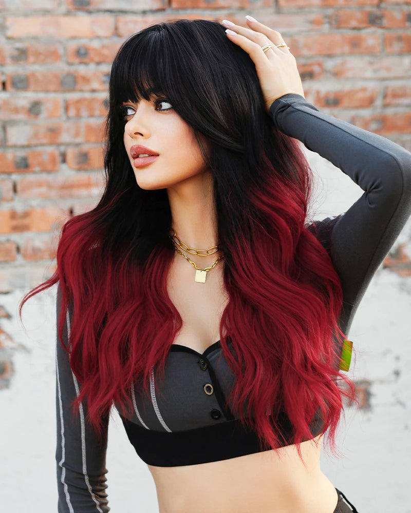 NAMM Long Wavy Ombre Black To Red Wig for Women Daily Cosplay Party Synthetic Lavender Hair Wig with Fluffy Bangs Heat Resistant