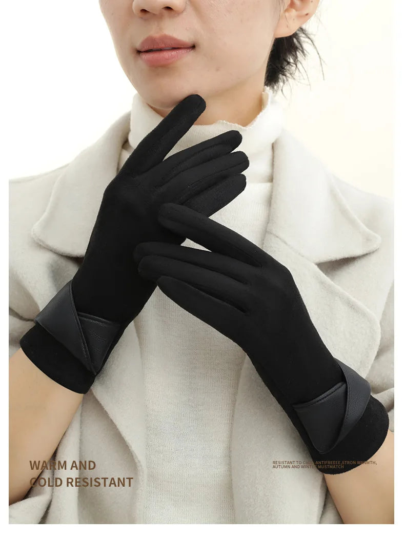 New Suede Gloves for Women Winter Plus Velvet Warm Commercial Style Temperament Bow Touch Screen Riding Driving