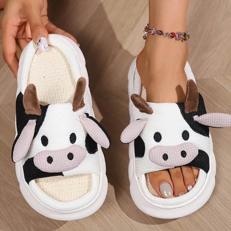 Gacimy Women's Cartoon Linen Slippers Comfortable Soft Thick Sole Indoor House Slippers Summer New Breathable Cute Linen Slides