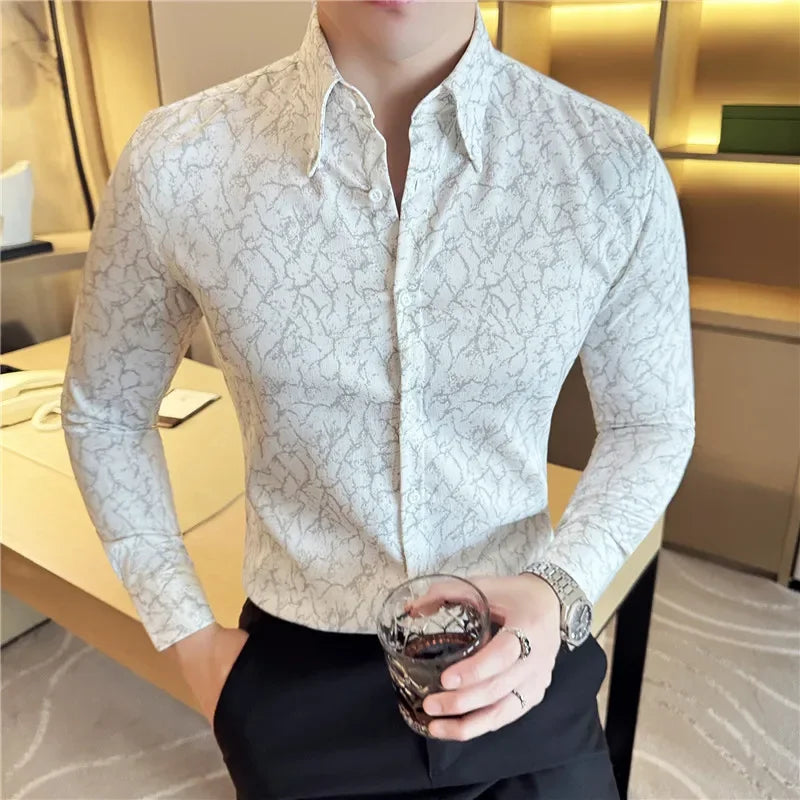 Men Dress Shirt 2024 Solid Casual Long Sleeve Slim Fit Print Shirt Fashion Formal Social Banquet Tuxedo Wedding Men Clothing