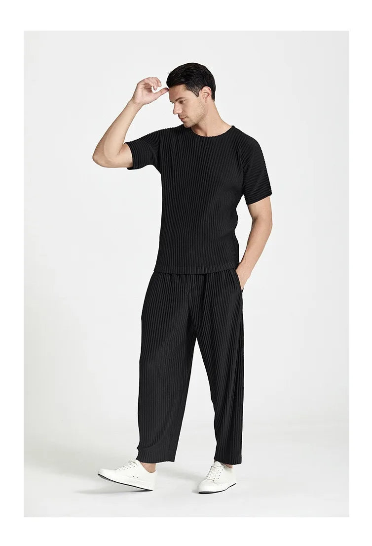 Pleats Pleated Commuter Pants Men's 2024 Autumn New Draped Elastic Trousers Casual Japanese Men Solid Color Nine Minute Pants