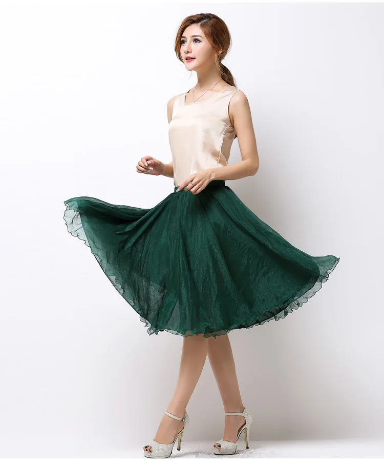 Summer Women Silk Tutu Skirts Chiffon Pleated Dance Beach Wedding Party Skirt Black White Elastic High Waist Midi Skirts