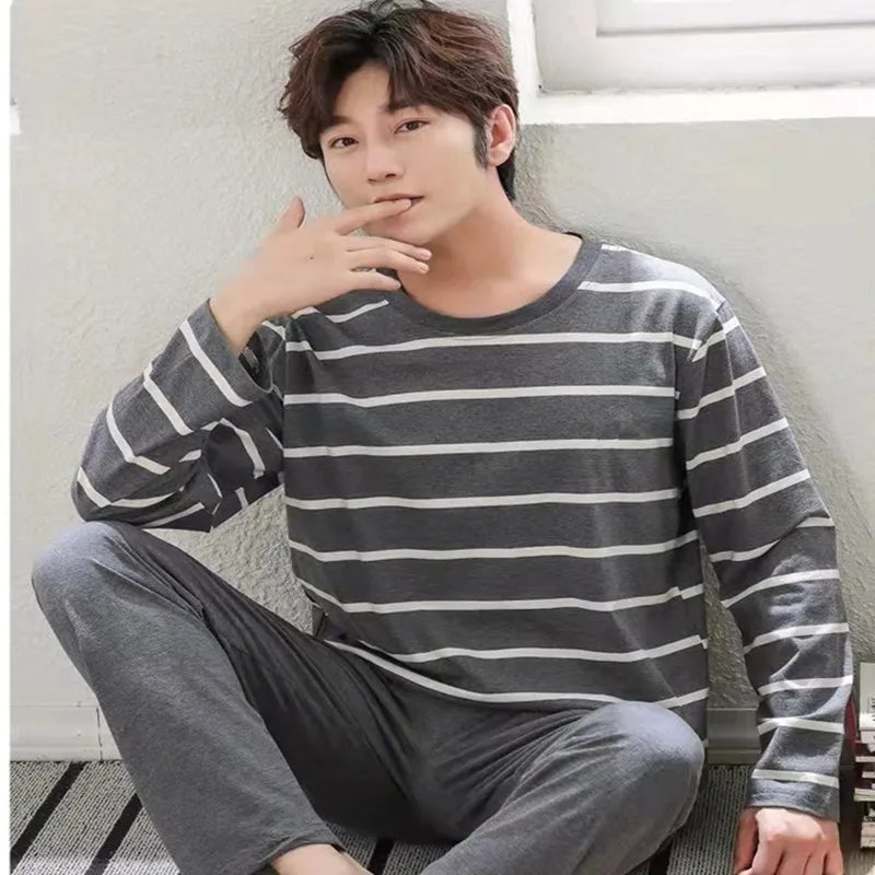 Summer Men's Pyjamas 2024 New Long-Sleeved Large Size Youth Home Wear Suit Black Plaid Trousers Two-Piece Set Can Be Worn Outsid