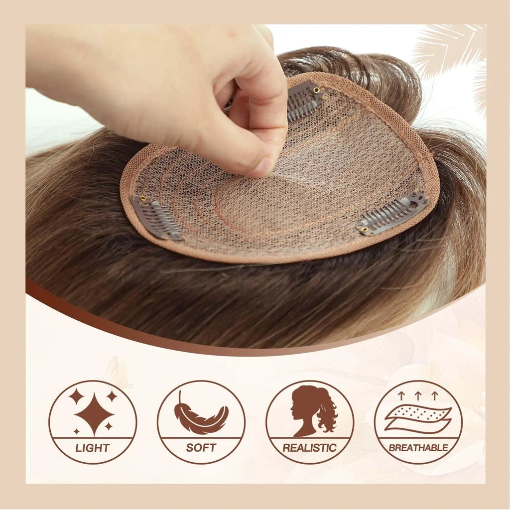 Ombre Brown Real Human Hair Toppers Wigs with Bangs Silk Base Clip Pieces 14inch Straight Topper Hairs for Women Hair Extension