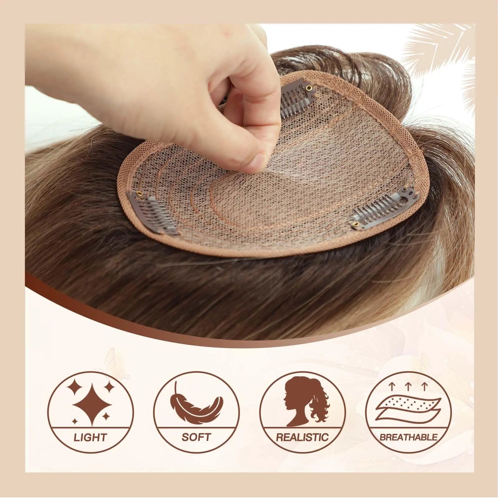 Ombre Brown Real Human Hair Toppers Wigs with Bangs Silk Base Clip Pieces 14inch Straight Topper Hairs for Women Hair Extension
