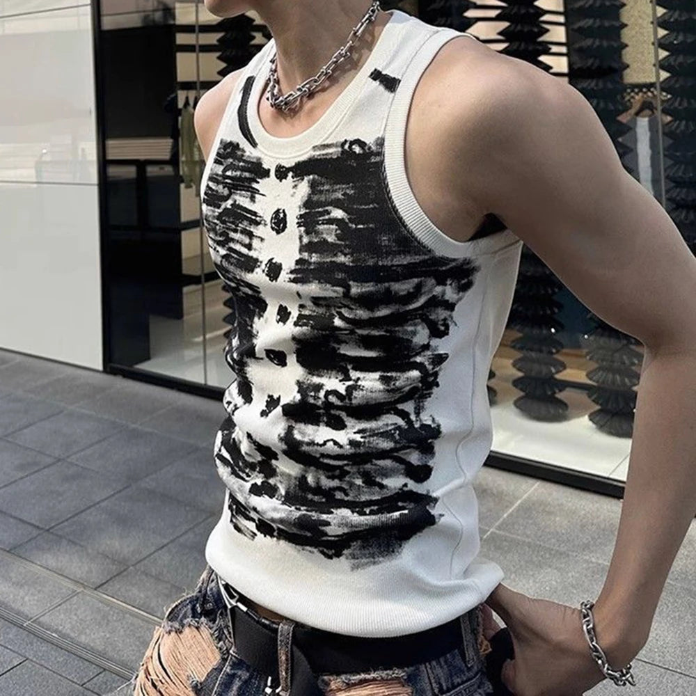 Mens Street Tie-Dye Tight-Fitting Sports Vest Genderless Sexy Fashion Youth Trendy Casual Printed Comfortable Vest Unisex