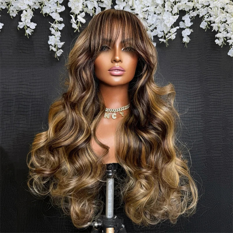 Ash Brown Mixed with Dirty Blonde Wig Natural Women"s Hairs Synthetic Lace Front Wigs with Bangs Long Glueless Wig Fringe Sale