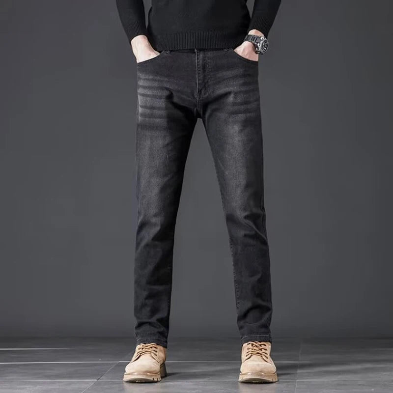 Men Autumn Loose Straight Elasticity Jeans Male Korean Style Versatile Slim Fit Denim Pants Vintage Smart Casual Black Trousers
