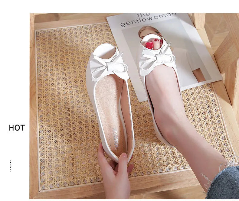 34-43 big size luxury peep toe bowtie flat shoes woman black/white leather ballet flats bow zapatos mujer primavera verano 2022
