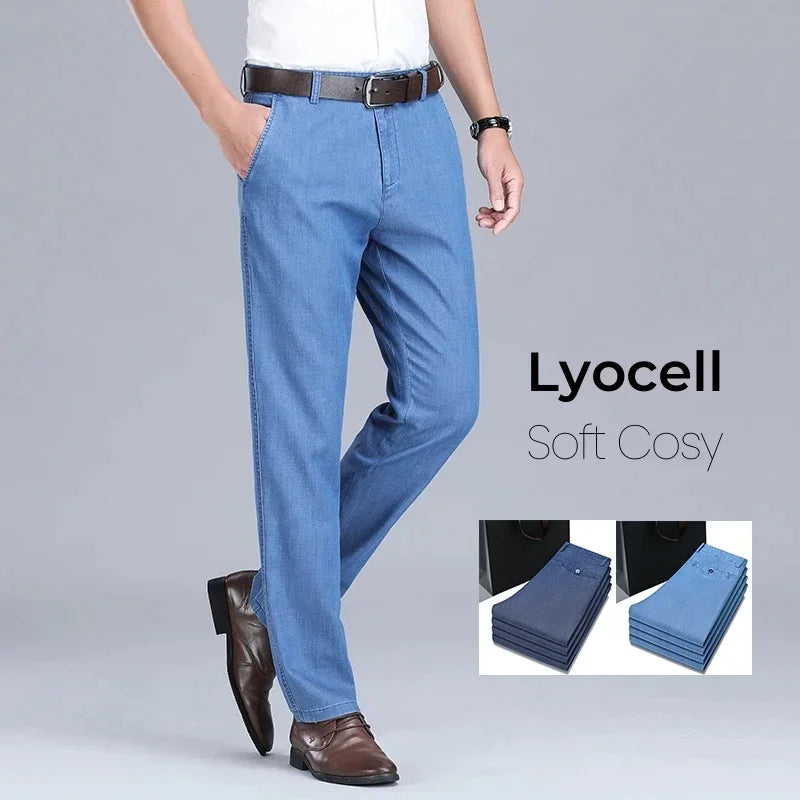 2024 New Men's Thin Lyocell Fabric Loose Jeans Light Blue Business Fashion Stretch Denim Trousers Male Clothing Brand Pants