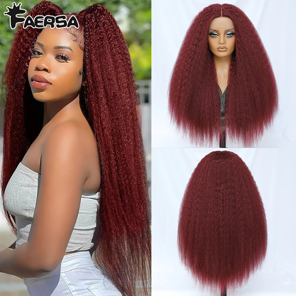 Kinky Straight Lace Front Wig T-Part 28Inch Synthetic 13x5x1 Long Lace Wigs Afro Yaki Straight Wigs Ombre Brown For Black Women