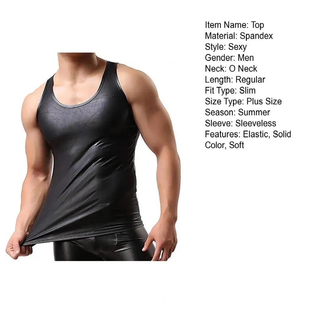 Men Club Vest Solid Color Smooth Surface Slim Fit Sleeveless Round Neck Faux Leather PClub Tank Top Men Clothes t shirt man