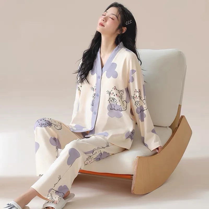 Y2k Women's 100% POLYESTER Pajamas with Cartoon Print Korean Fresh Ins Style Harajuku Lounges 2pcs 2024 New Spring/fall Homewear