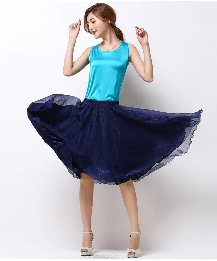 Summer Women Silk Tutu Skirts Chiffon Pleated Dance Beach Wedding Party Skirt Black White Elastic High Waist Midi Skirts