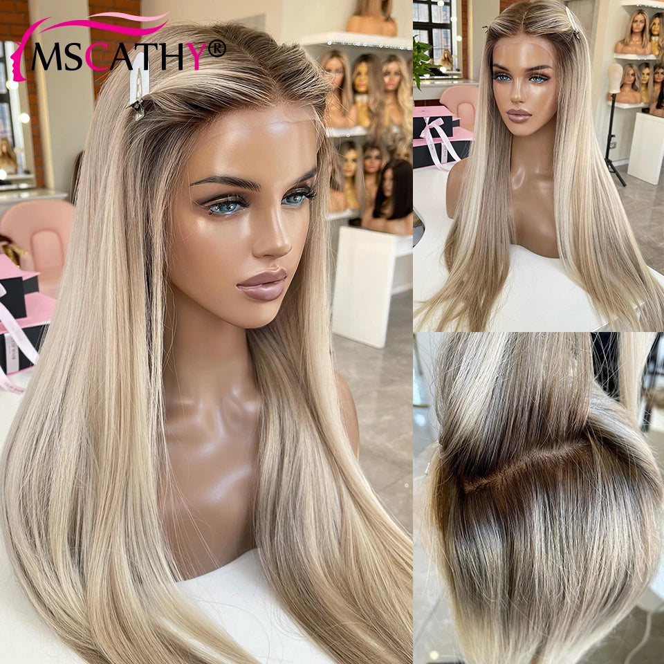 250% Glueless Ash Blonde Colored Ombre Human Hair Wigs For Women 13x4 Transparent Lace Frontal Wig Straight 13x6 Wigs Preplucked