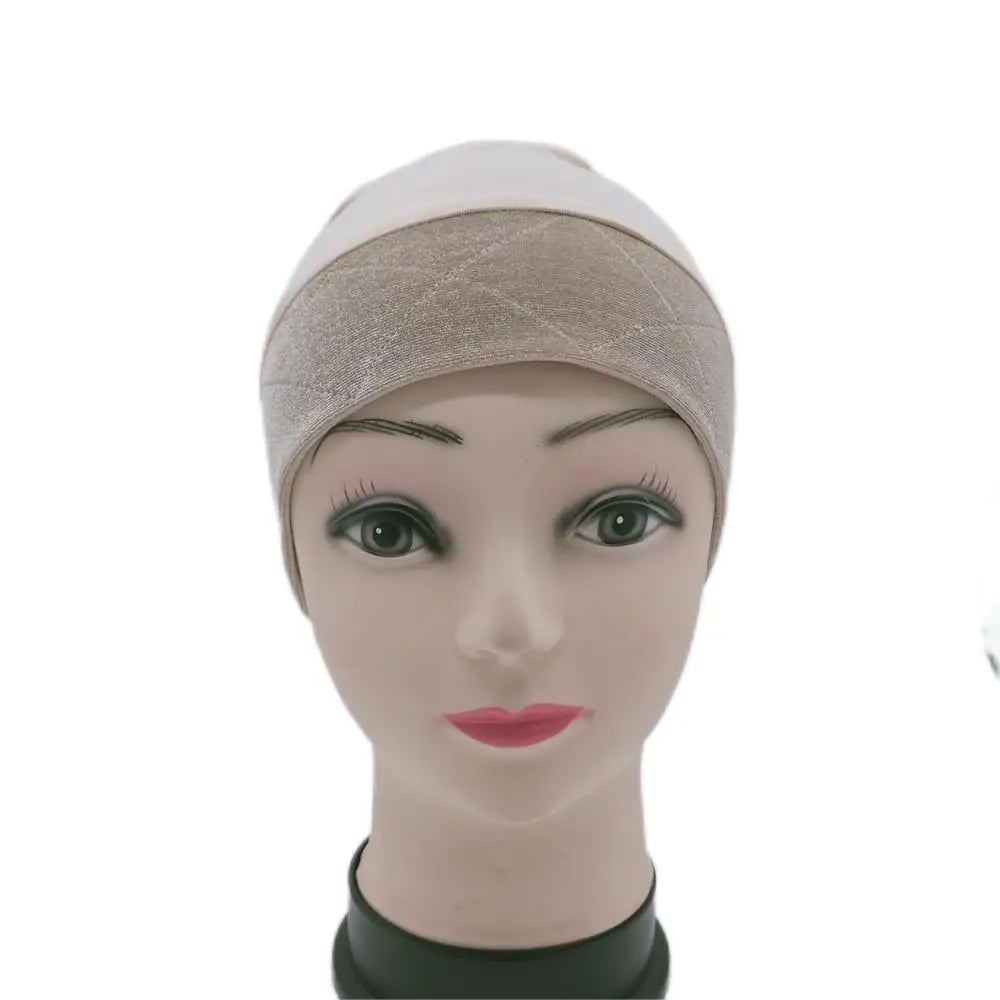 Beige color wig grip cap with velvet headband around for cancel patients comfortable and elastic