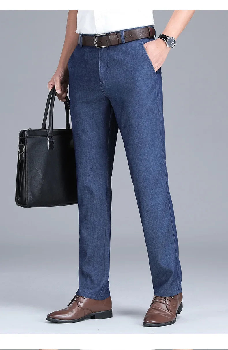 2024 New Men's Thin Lyocell Fabric Loose Jeans Light Blue Business Fashion Stretch Denim Trousers Male Clothing Brand Pants