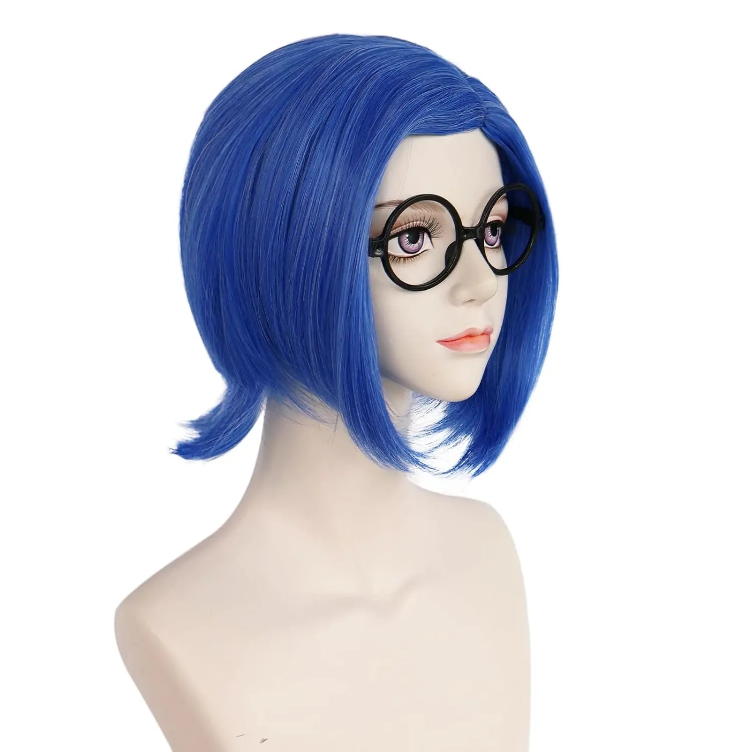 Synthetic Blue Sadness Wig【+Wig Cap+Glasses】Short Blue Bob Wigs Cosplay Wig Women Straight Blue Wig Costume Outfit Halloween